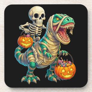 Whimsical Skeleton Riding Mummy T-Rex Halloween  Coaster