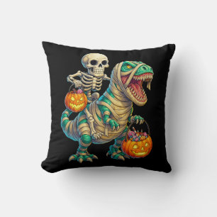 Whimsical Skeleton Riding Mummy T-Rex Halloween Cushion