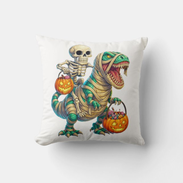 Whimsical Skeleton Riding Mummy T-Rex Halloween  Cushion (Front)