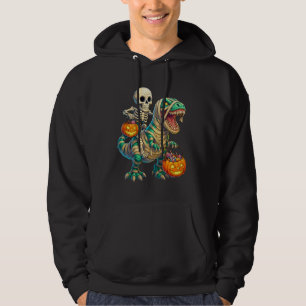 Whimsical Skeleton Riding Mummy T-Rex Halloween Hoodie