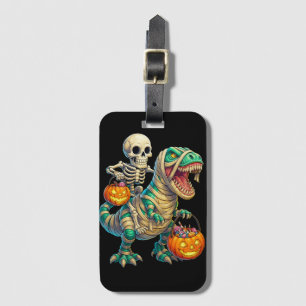 Whimsical Skeleton Riding Mummy T-Rex Halloween Luggage Tag