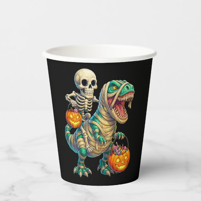 Whimsical Skeleton Riding Mummy T-Rex Halloween  Paper Cups (Front)