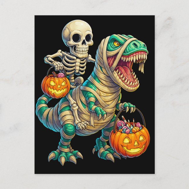 Whimsical Skeleton Riding Mummy T-Rex Halloween  Postcard (Front)
