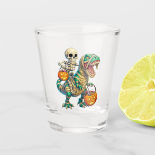 Whimsical Skeleton Riding Mummy T-Rex Halloween  Shot Glass