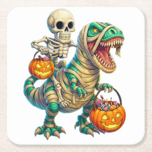 Whimsical Skeleton Riding Mummy T-Rex Halloween  Square Paper Coaster