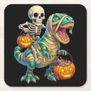 Whimsical Skeleton Riding Mummy T-Rex Halloween  Square Paper Coaster