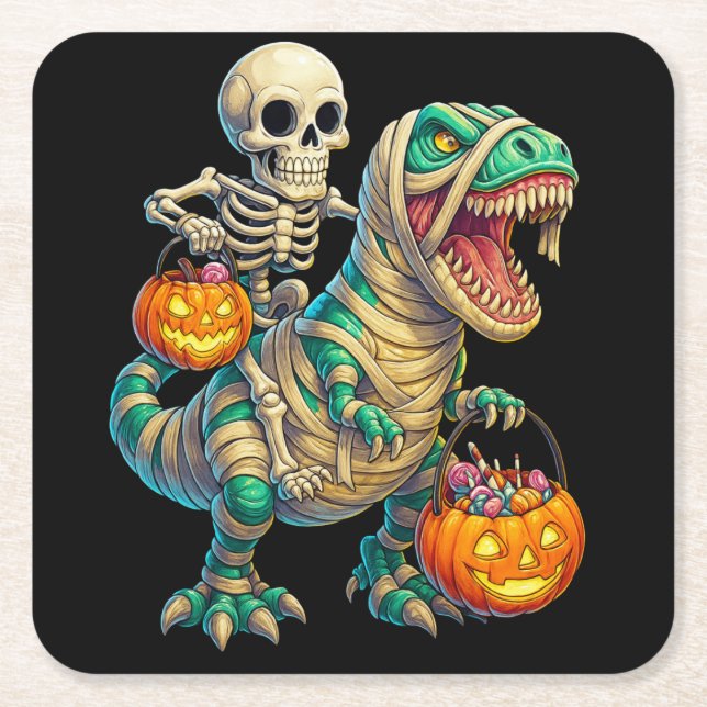Whimsical Skeleton Riding Mummy T-Rex Halloween  Square Paper Coaster (Front)
