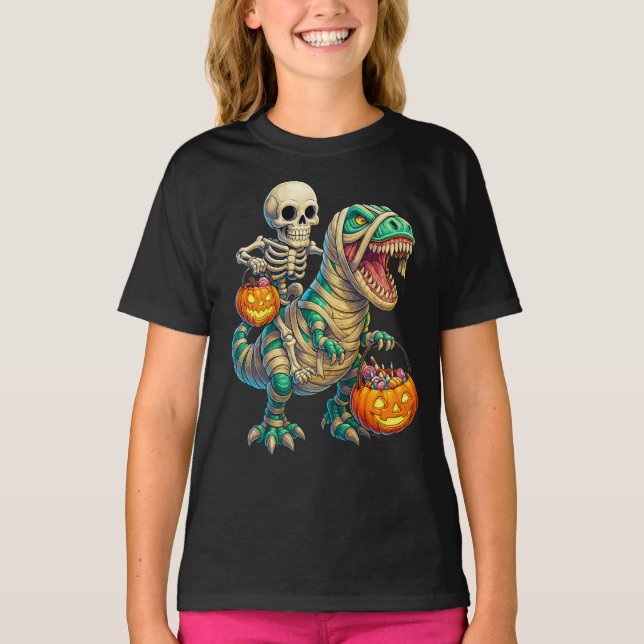 Whimsical Skeleton Riding Mummy T-Rex Halloween  T-Shirt (Front)