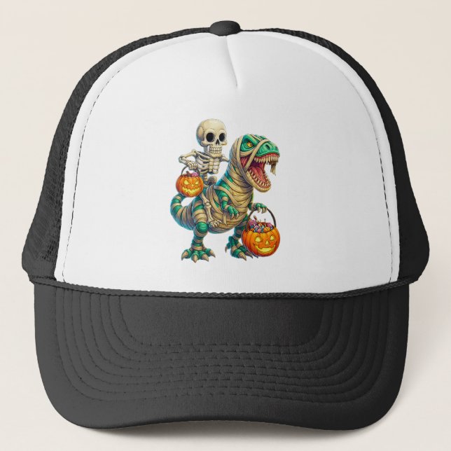 Whimsical Skeleton Riding Mummy T-Rex Halloween  Trucker Hat (Front)