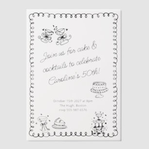 Whimsical Sketch Doodle Cake Cocktails Birthday  Vellum Invitations
