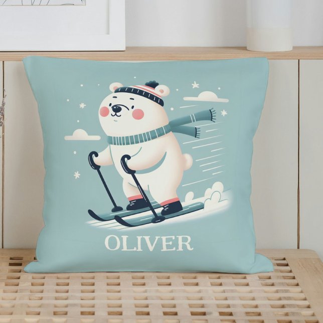 Whimsical Skiing Cute Polar Bear Personalised Cushion (Creator Uploaded)