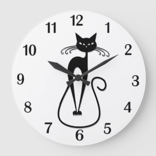 Whimsical Skinny Black Cat Black Numbers Large Clock
