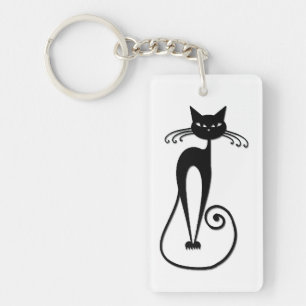 Whimsical Skinny Black Cat Key Ring