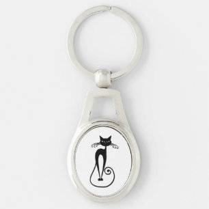 Whimsical Skinny Black Cat Key Ring