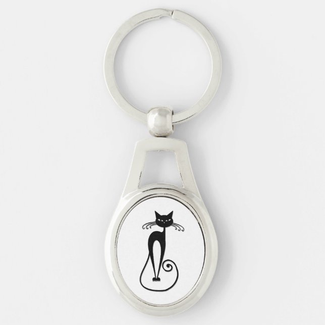 Whimsical Skinny Black Cat Key Ring (Front)