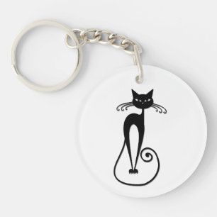 Whimsical Skinny Black Cat Key Ring