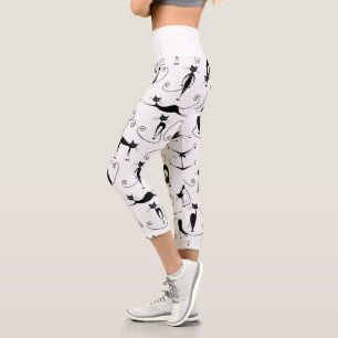 Whimsical Skinny Black Cat Pattern Capri Leggings