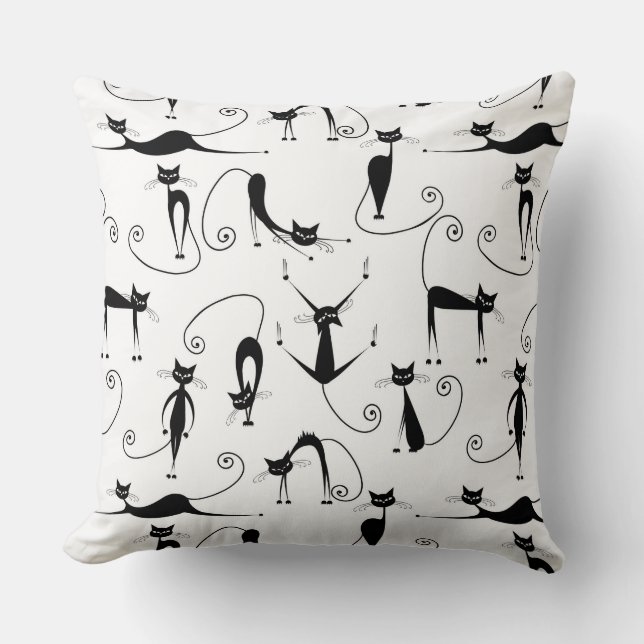 Whimsical Skinny Black Cat Pattern Cushion (Front)