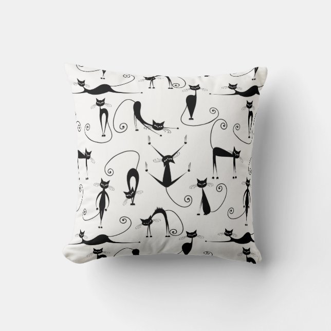 Whimsical Skinny Black Cat Pattern Cushion (Front)