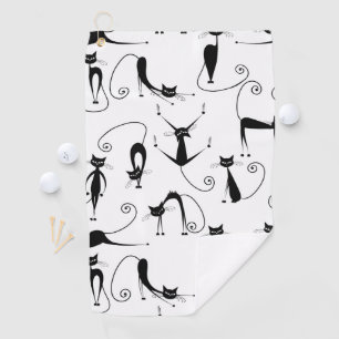 Whimsical Skinny Black Cat Pattern Golf Towel