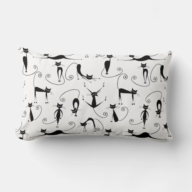 Whimsical Skinny Black Cat Pattern Lumbar Cushion (Front)