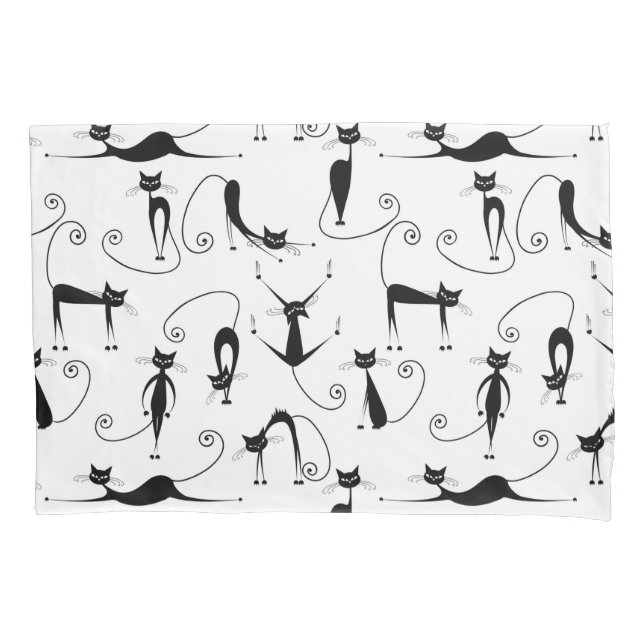 Whimsical Skinny Black Cat Pattern Pillowcase (Front)