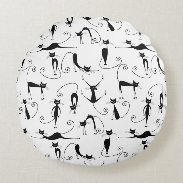 Whimsical Skinny Black Cat Pattern Round Cushion (Front)