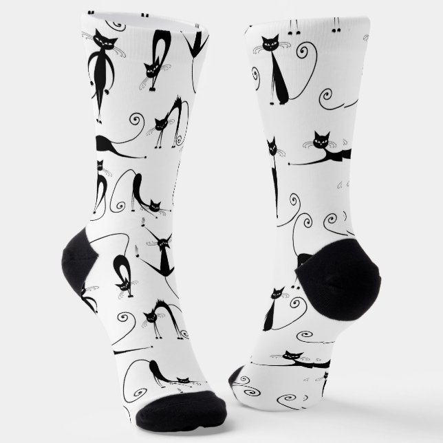 Whimsical Skinny Black Cat Pattern Socks (Angled)