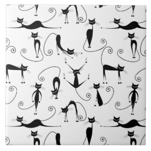 Whimsical Skinny Black Cat Pattern Tile