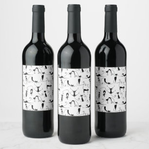 Whimsical Skinny Black Cat Pattern Wine Label