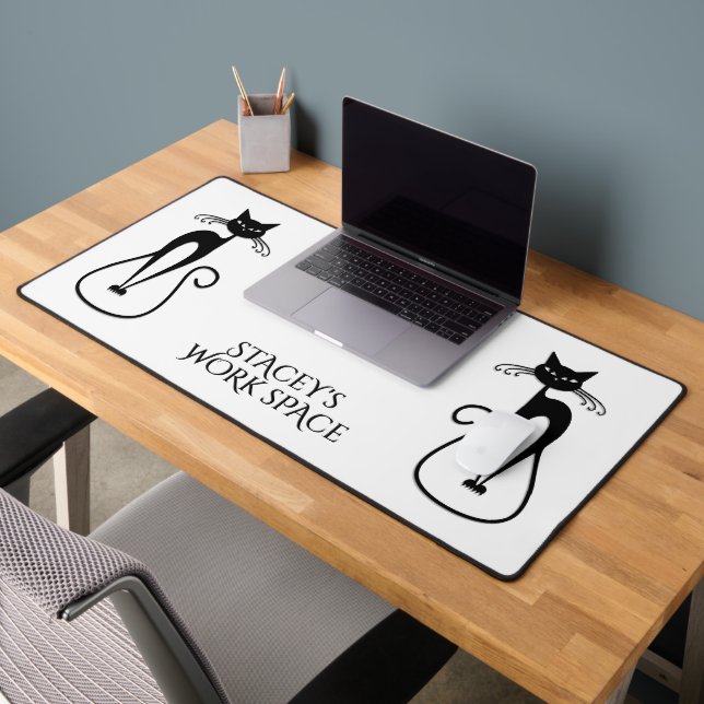 Whimsical Skinny Black Cat Personal Desk Mat (Office 2)