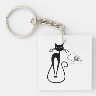Whimsical Skinny Black Cat Personal Key Ring