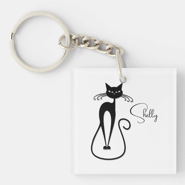 Whimsical Skinny Black Cat Personal Key Ring (Front)