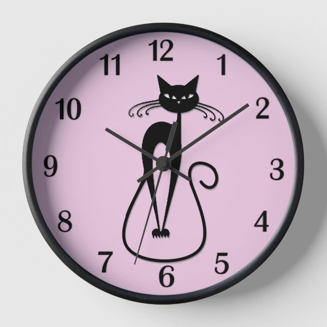 Whimsical Skinny Black Cat Pink Black Numbers Clock (Front)