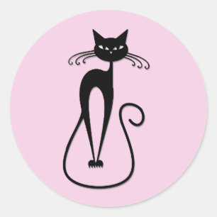 Whimsical Skinny Black Cat Pink Classic Round Sticker