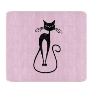 Whimsical Skinny Black Cat Pink Cutting Board