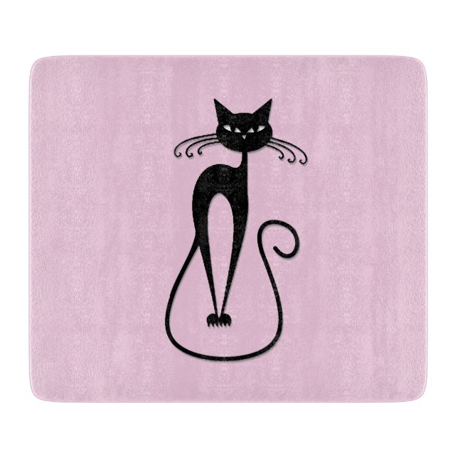 Whimsical Skinny Black Cat Pink Cutting Board (Front)