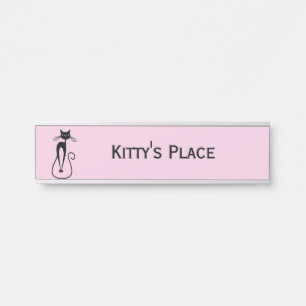 Whimsical Skinny Black Cat Pink Door Sign