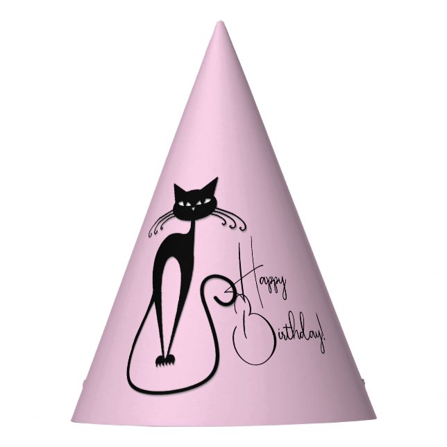 Whimsical Skinny Black Cat Pink Happy Birthday Party Hat (Front)
