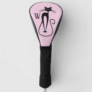 Whimsical Skinny Black Cat Pink Initial Golf Head Cover