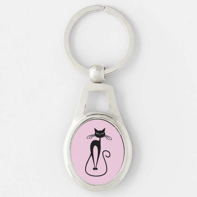 Whimsical Skinny Black Cat Pink Key Ring (Front)