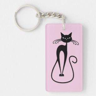 Whimsical Skinny Black Cat Pink Key Ring