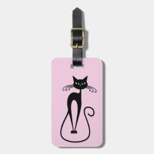 Whimsical Skinny Black Cat Pink Luggage Tag