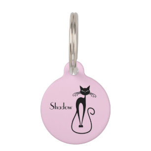 Whimsical Skinny Black Cat Pink Name Pet Tag