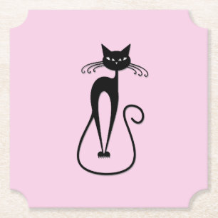 Whimsical Skinny Black Cat Pink Paper Coaster