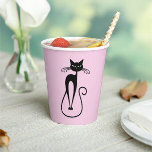 Whimsical Skinny Black Cat Pink Paper Cups