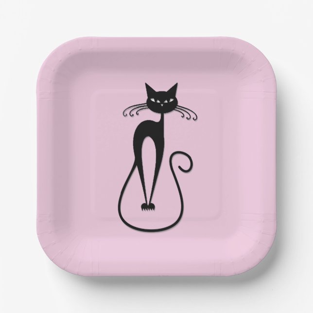 Whimsical Skinny Black Cat Pink Paper Plate (Front)