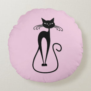 Whimsical Skinny Black Cat Pink Round Cushion