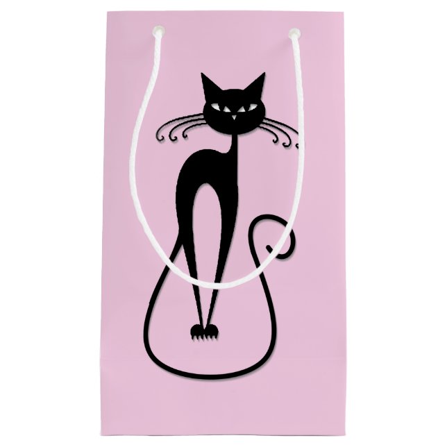 Whimsical Skinny Black Cat Pink Small Gift Bag (Front)