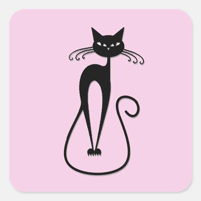 Whimsical Skinny Black Cat Pink Square Sticker (Front)